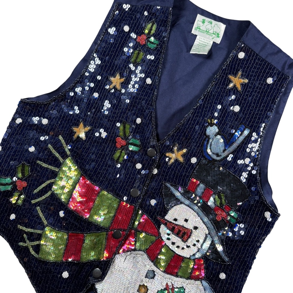VTG Quacker Factory Christmas Vest Women S Blue Snowman Sequin Beaded GrannyCore